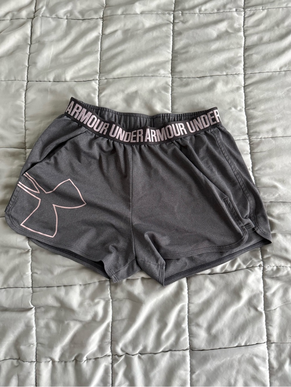 Under Armour Women’s Charcoal Athletic Shorts with Light Pink Logo Trim